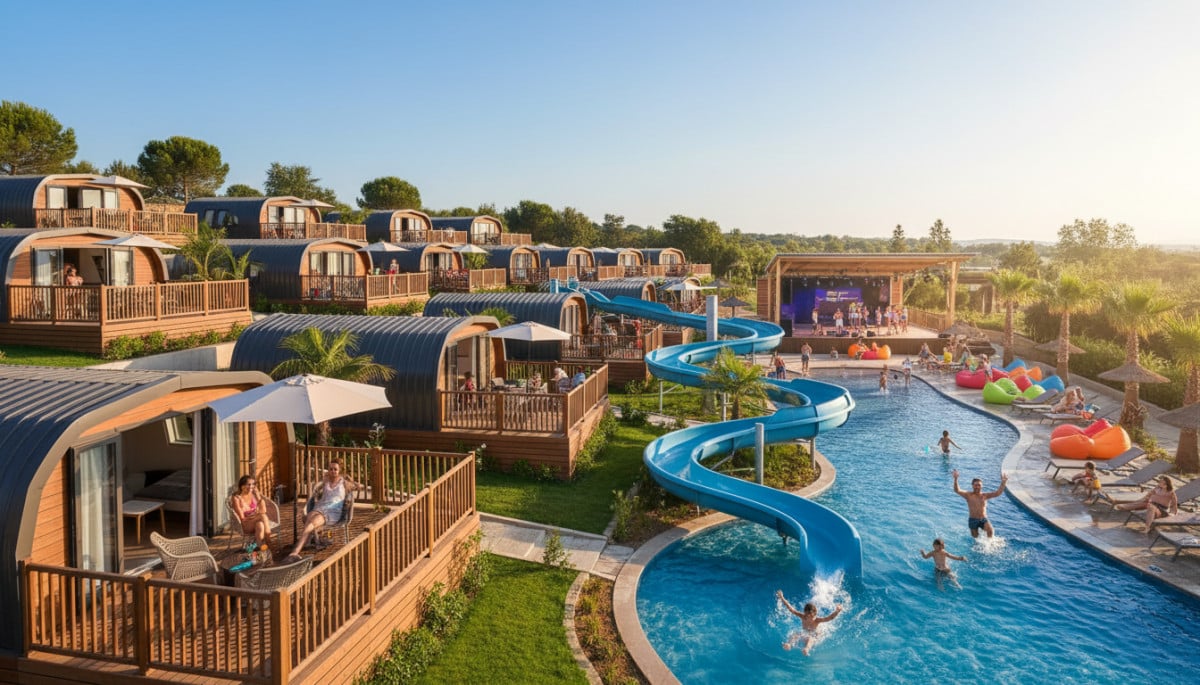 Camping moderne avec mobile homes et parc aquatique