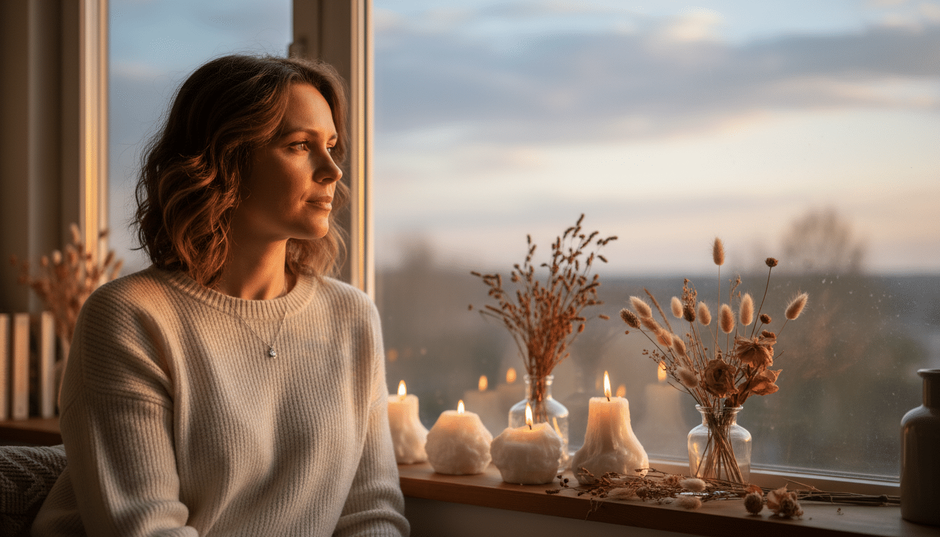 Femme pensive devant une fenêtre au printemps