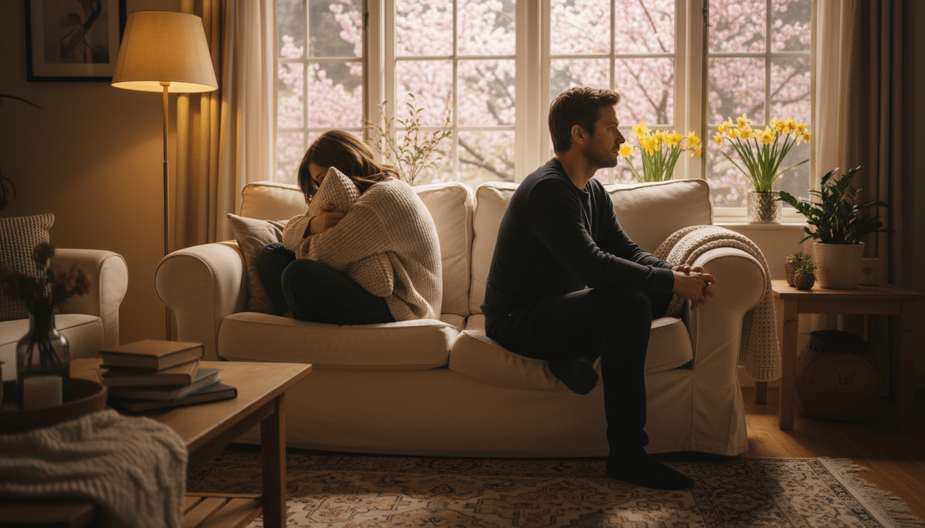 Couple distant assis sur un canapé