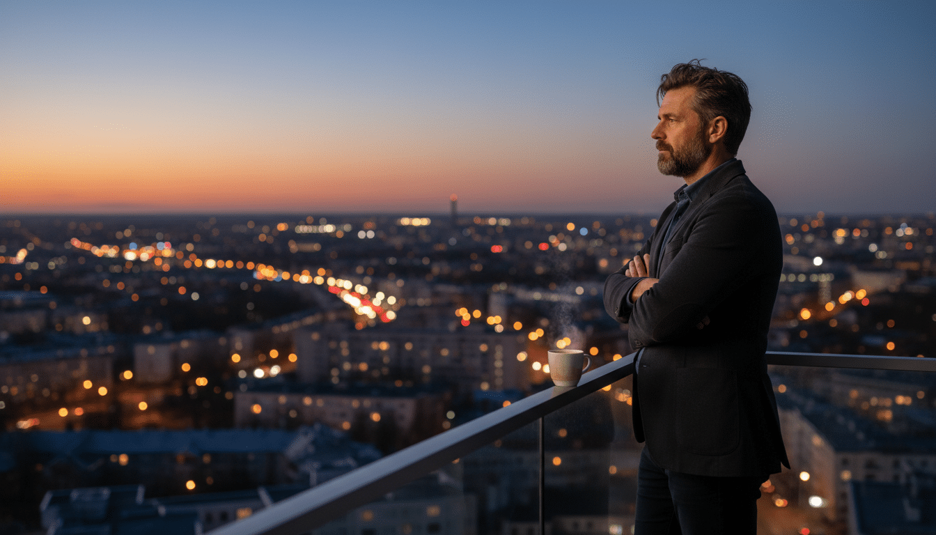 Homme seul sur un balcon au crépuscule printanier