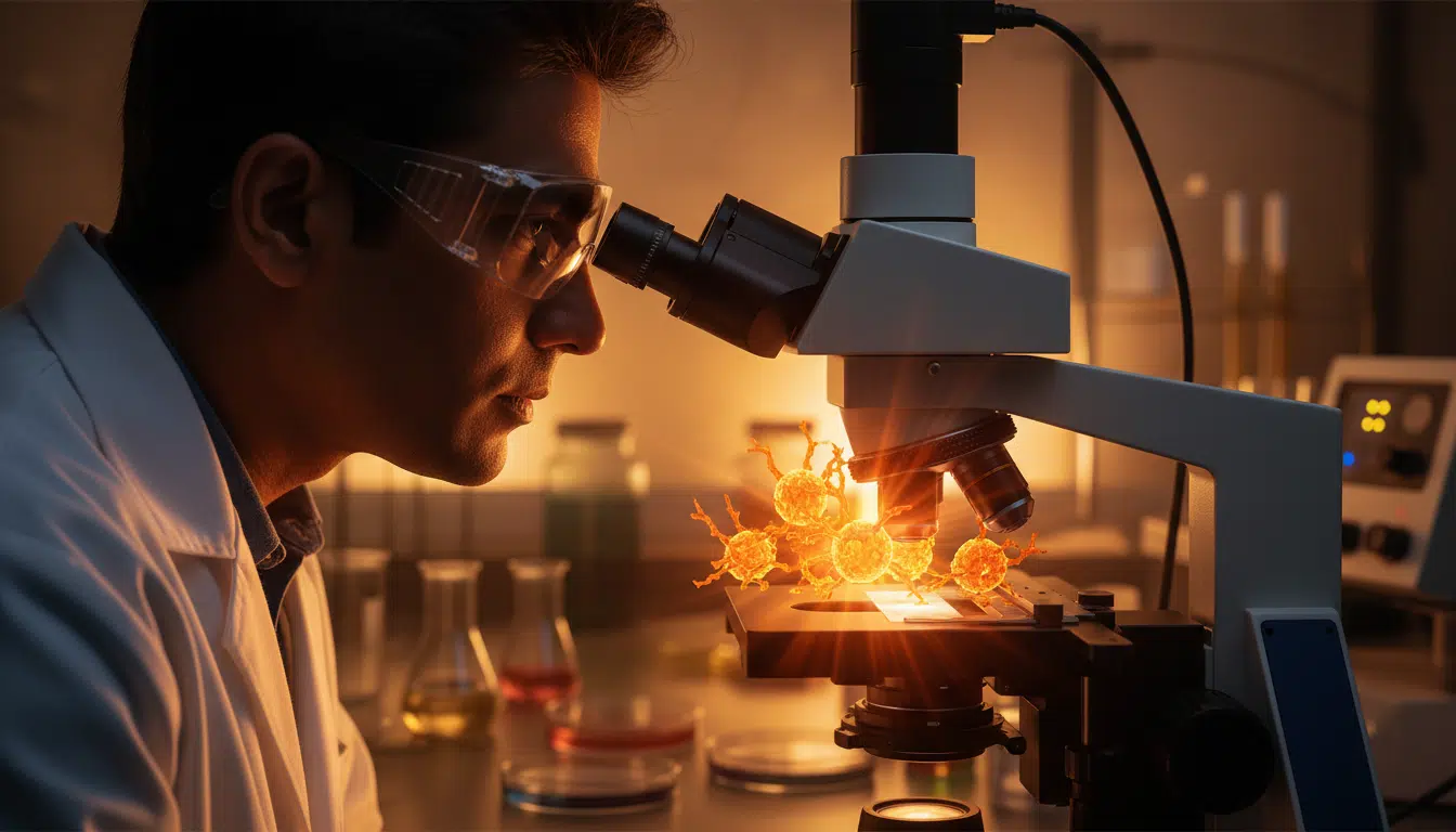 Scientifique analysant des cellules immunitaires au microscope