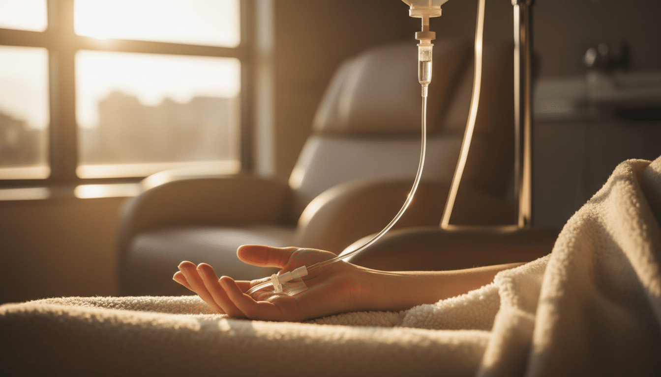 Patient recevant une perfusion d'immunothérapie en oncologie