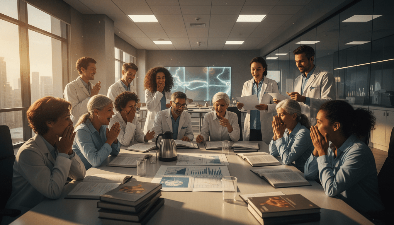 Équipe médicale célébrant les résultats d'un essai clinique