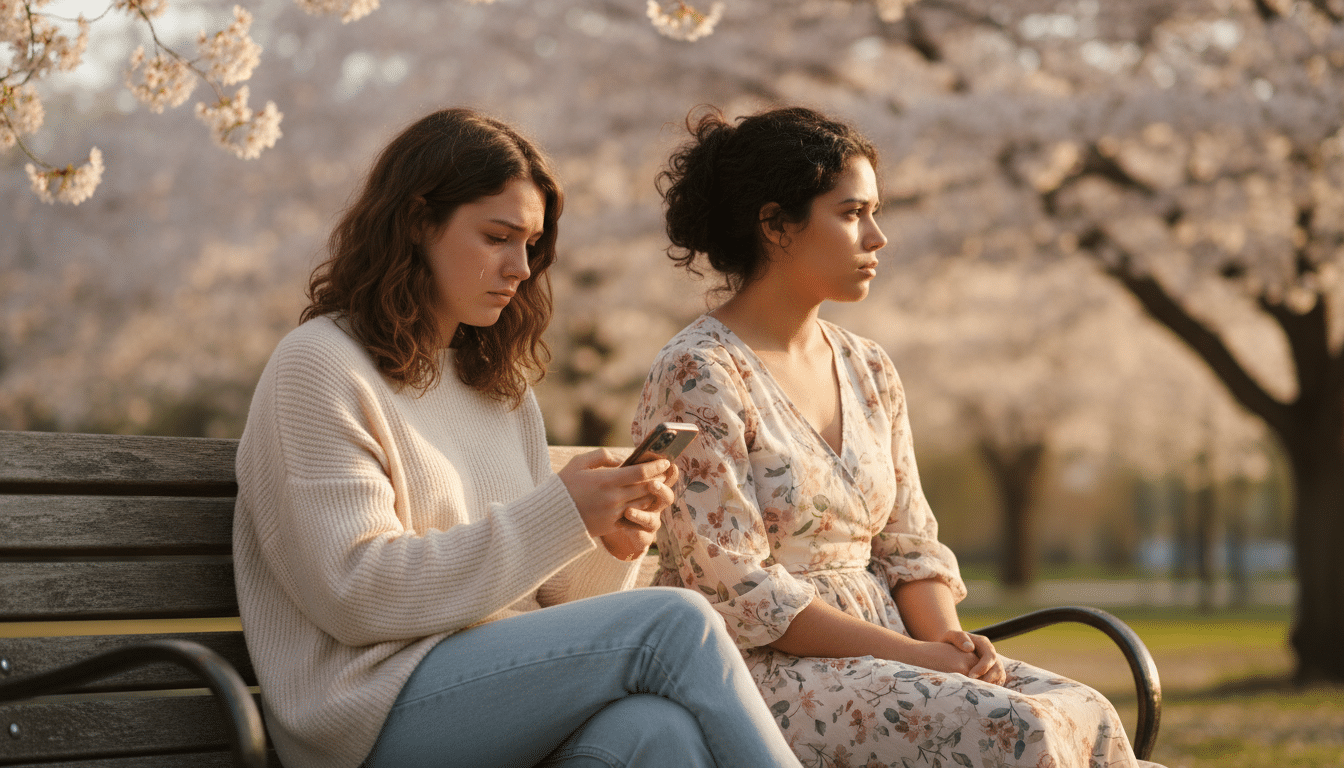 Deux amies sur un banc de parc au printemps
