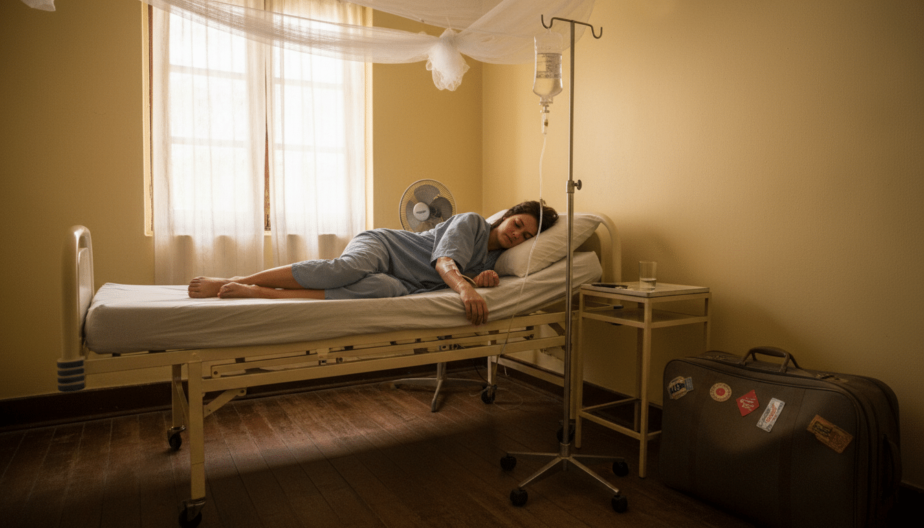 Jeune femme malade sous perfusion dans une clinique tropicale