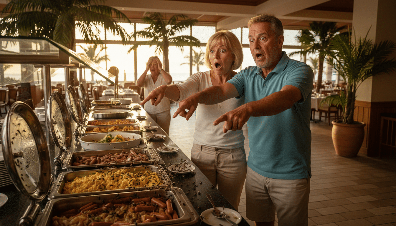 Couple choqué devant un buffet insalubre dans un hôtel