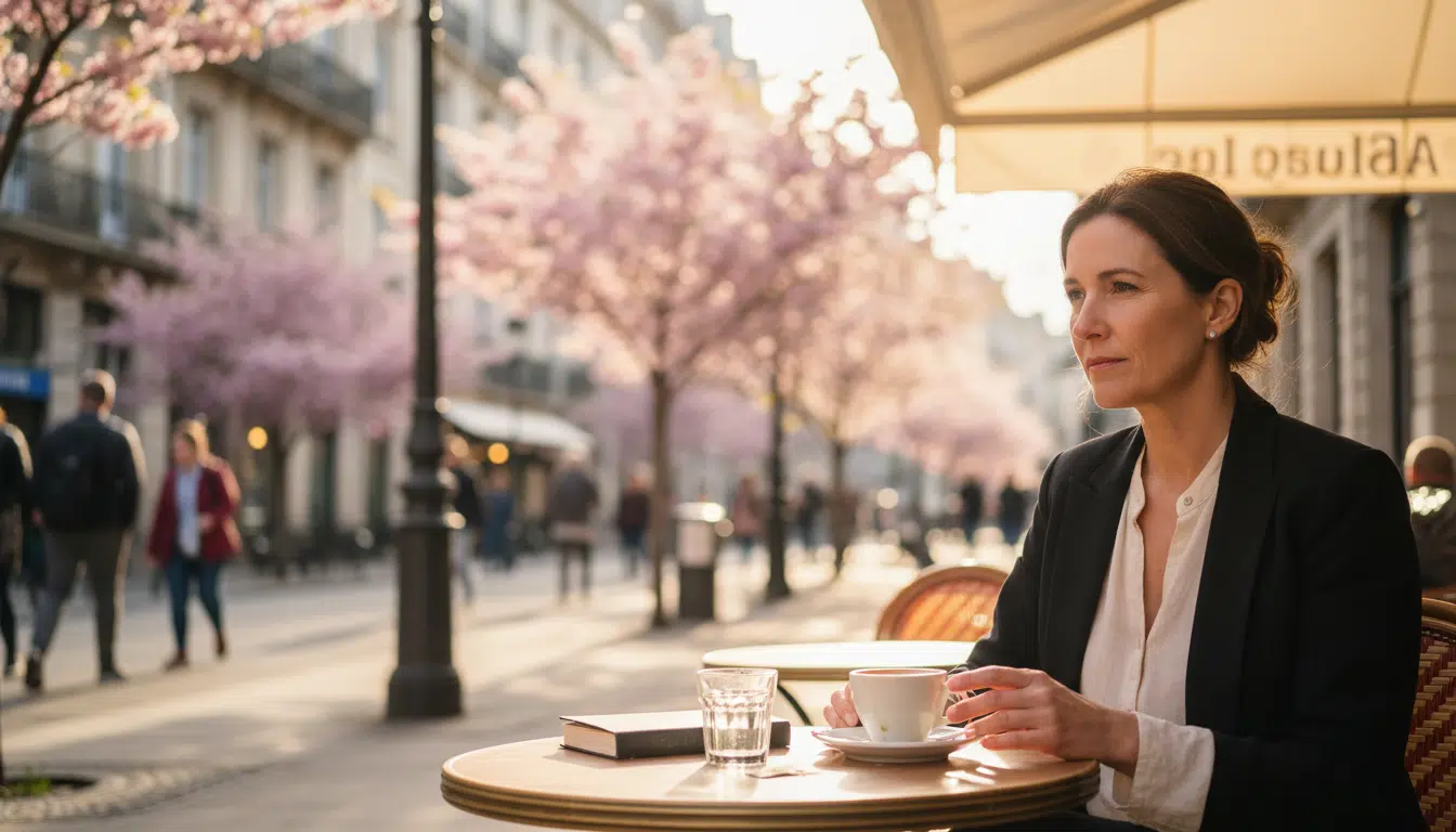 Femme pensive assise seule dans un café au printemps