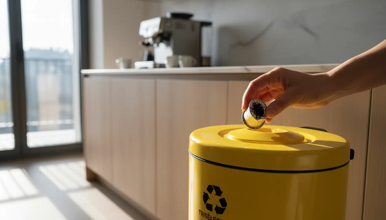 Capsule de café en aluminium jetée dans une poubelle jaune