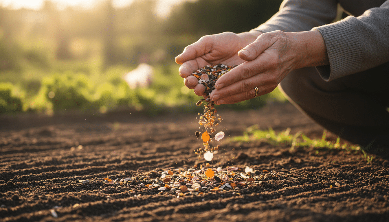 Mains semant un mélange de graines de fleurs au jardin