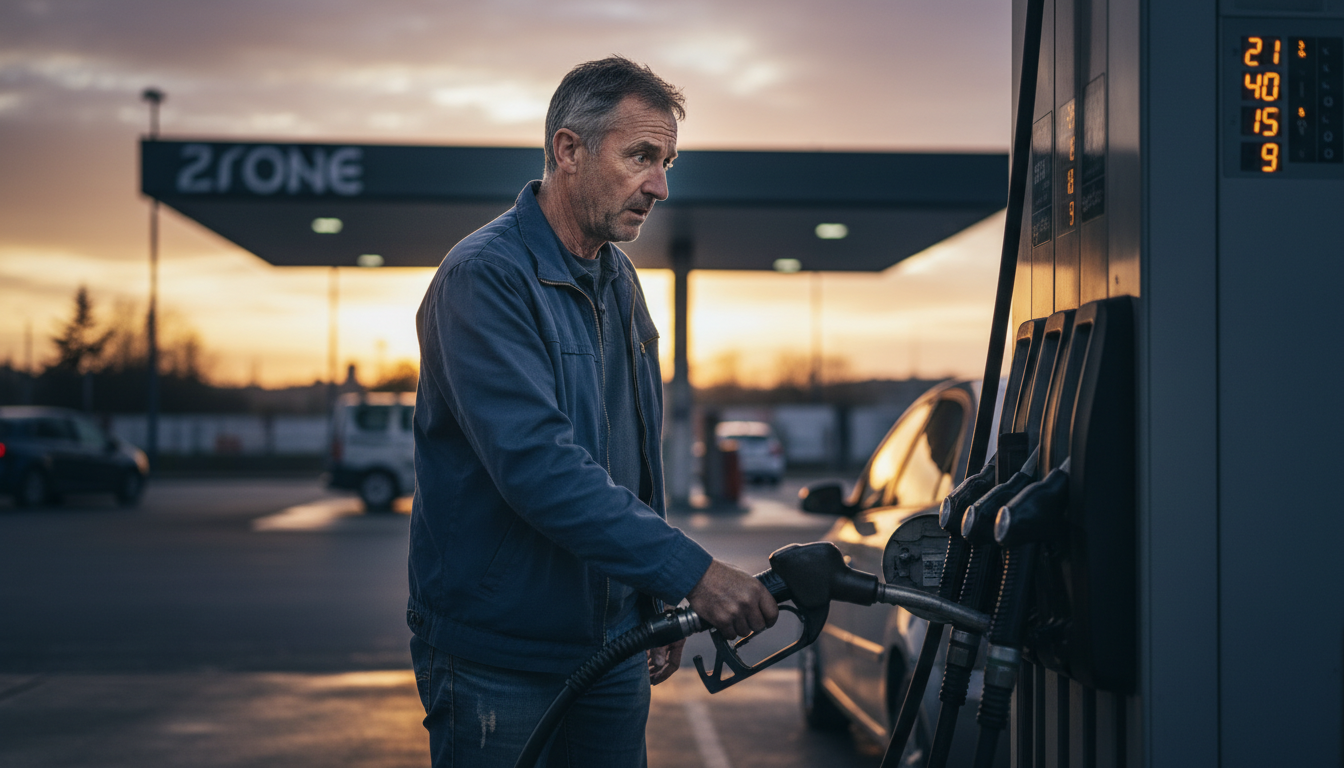 Conducteur faisant le plein de gazole avec un air préoccupé