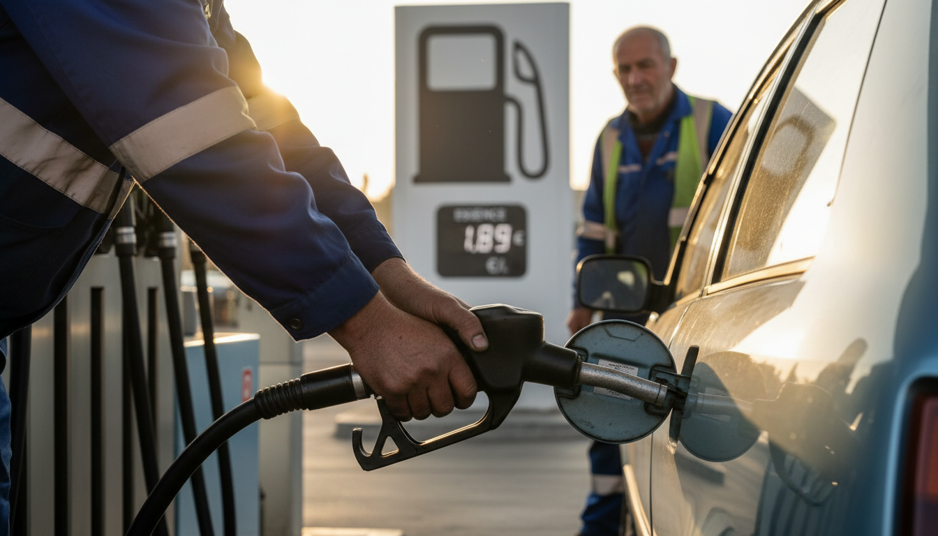 Automobiliste français faisant le plein de carburant en station-service