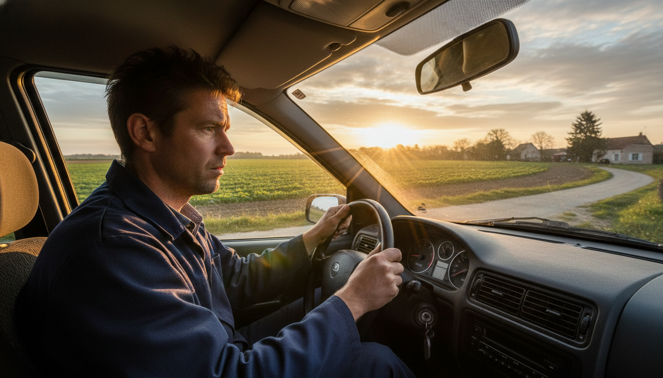 Conducteur inquiet regardant sa jauge de carburant presque vide