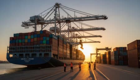 Cargo maritime déchargeant des conteneurs dans un port français