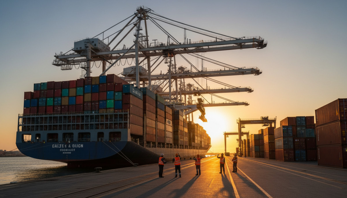 Cargo maritime déchargeant des conteneurs dans un port français