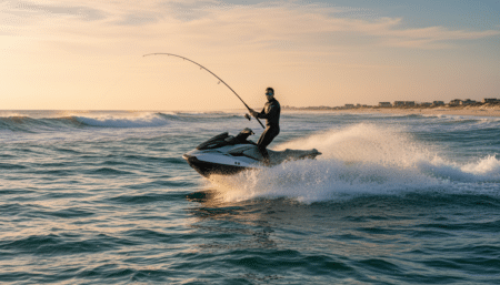 Surfeur pro pêchant depuis son jet ski en pleine mer