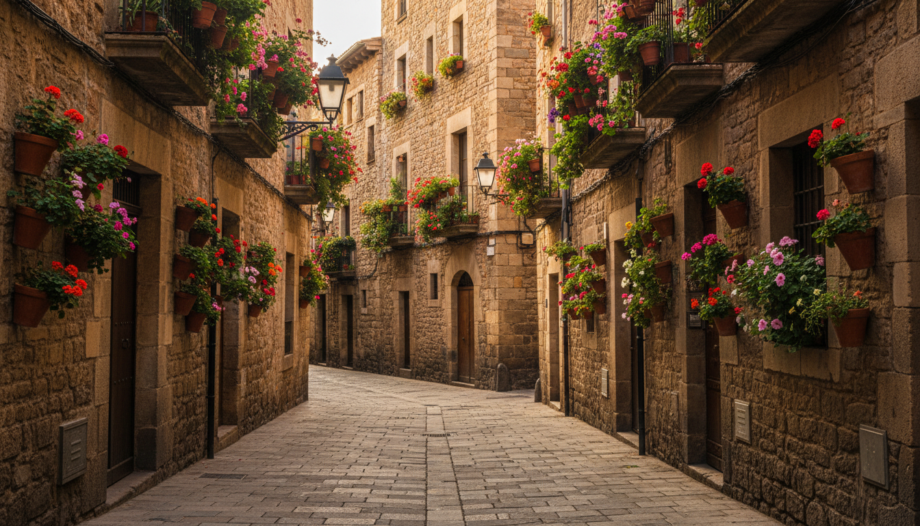 Une rue pittoresque de Barcelone baignée de lumière dorée, évoquant le cadre de vie espagnol du couple