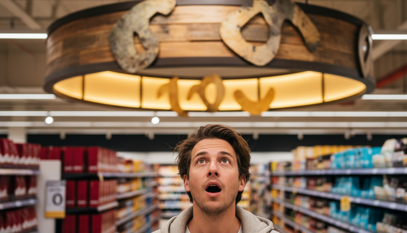 Personne surprise devant un logo en supermarché