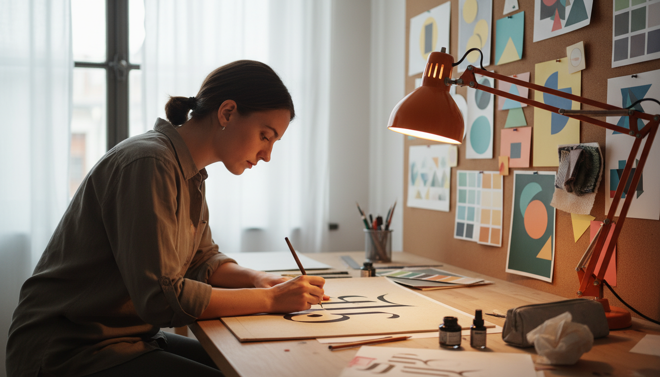 Designer dessinant une lettre stylisée en studio