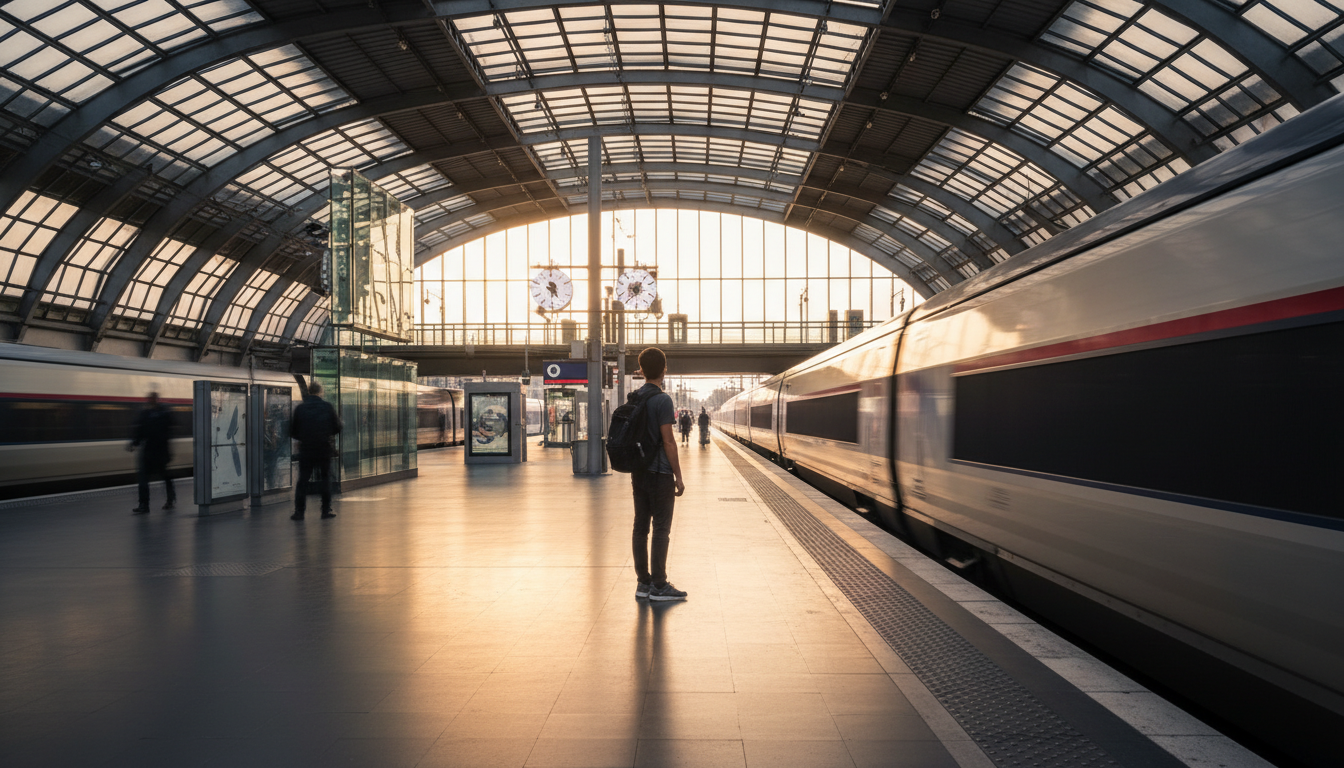 Voyageur sur un quai de gare face à un train en mouvement