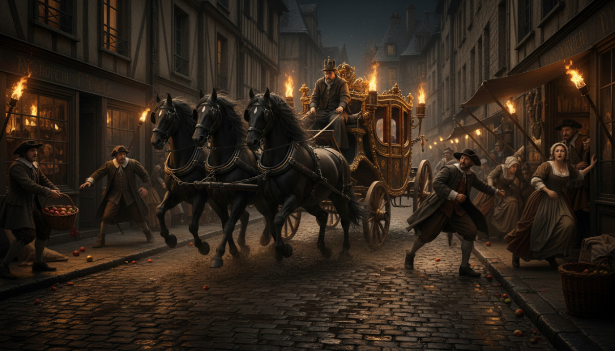 Carrosse royal dans une rue pavée du XVIIe siècle