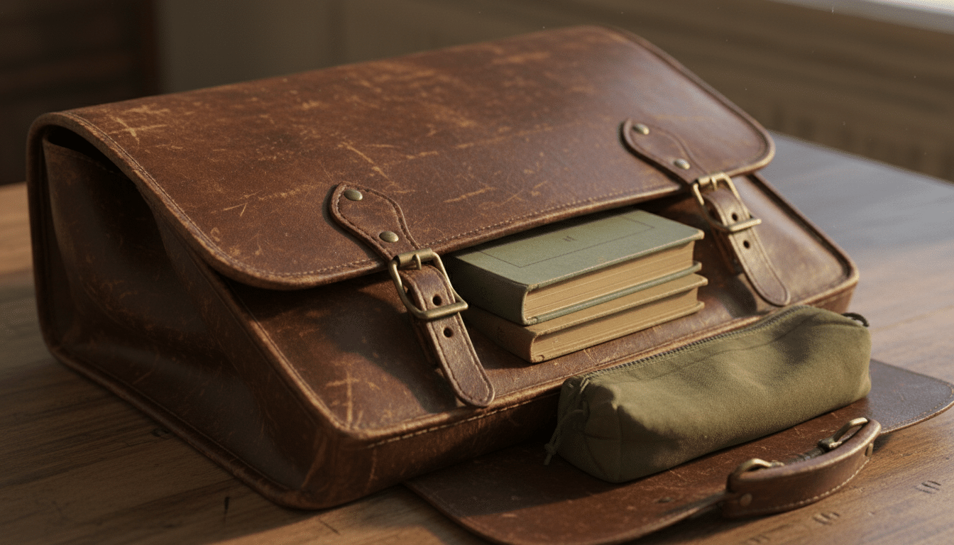 Cartable en cuir lourd des années 70 avec boucles