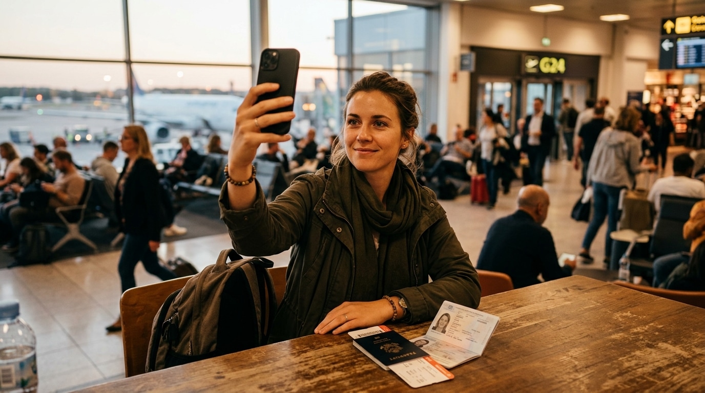 Voyageur prenant un selfie avec sa carte d'embarquement visible