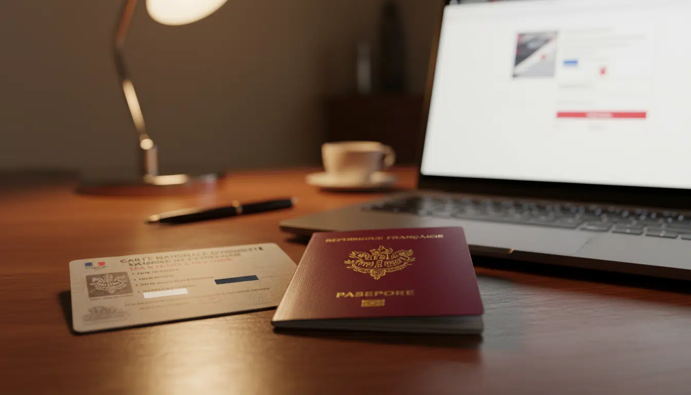 Carte d'identité et passeport français posés près d'un ordinateur