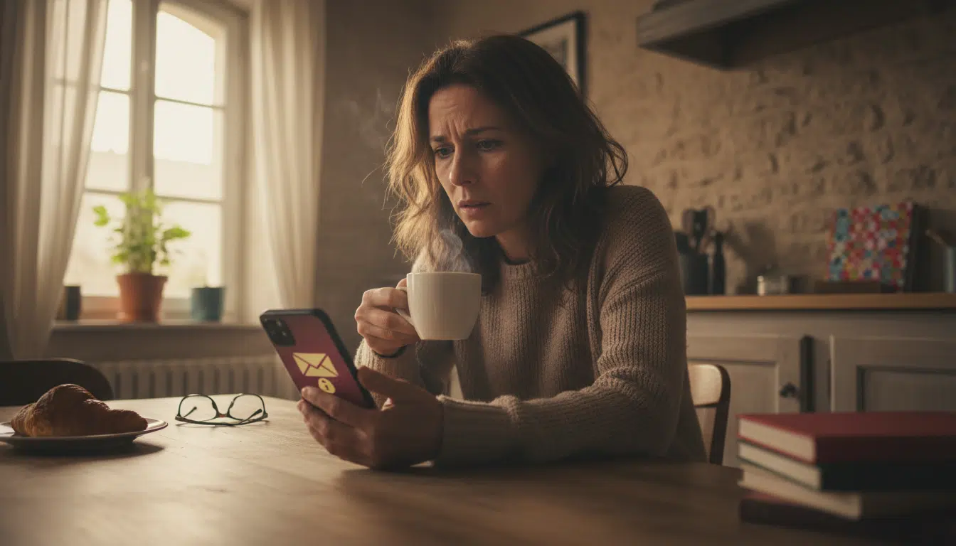 Personne inquiète consultant un mail suspect sur son smartphone