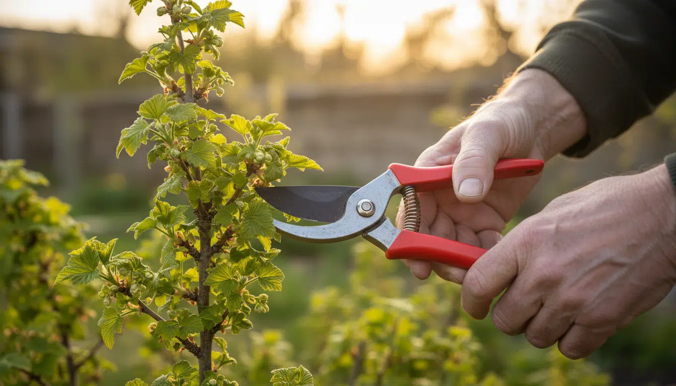Mains de jardinier taillant un cassissier au sécateur au printemps
