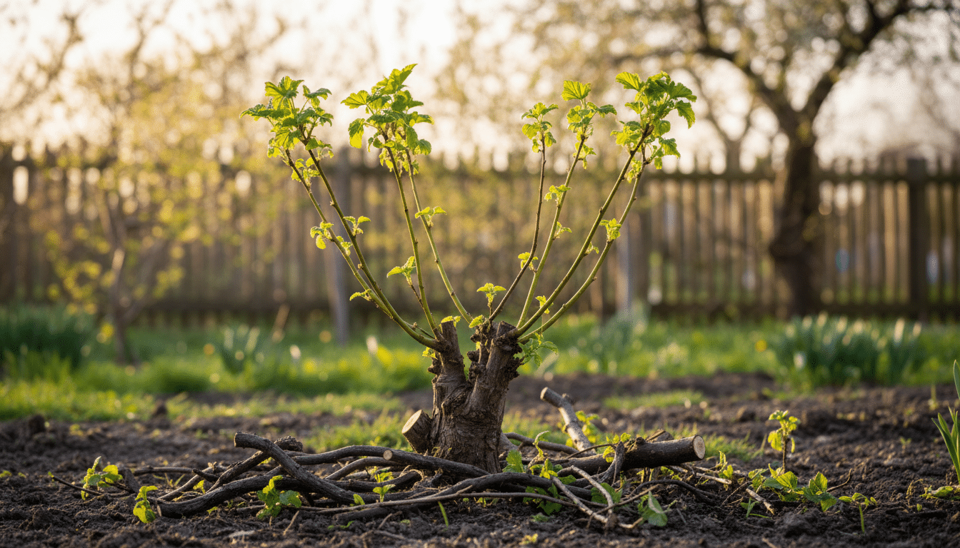 Cassissier taillé en gobelet avec jeunes tiges sélectionnées