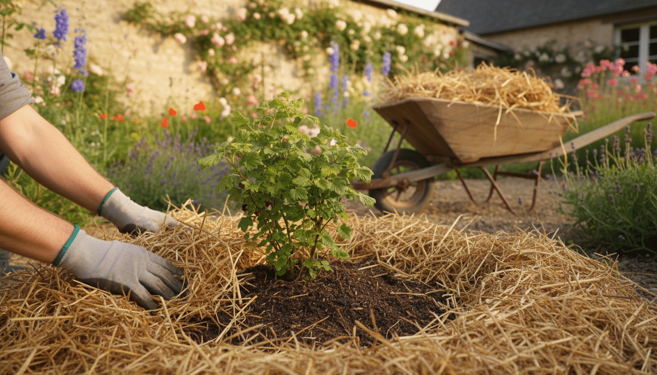 Paillage de paille étalé au pied d'un cassissier après compostage
