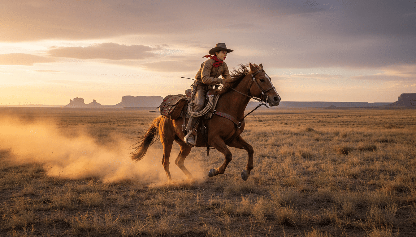 Cavalier du Pony Express au galop dans les plaines américaines