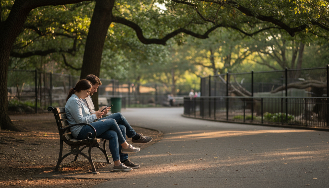 Parents assis sur un banc absorbés par leurs téléphones