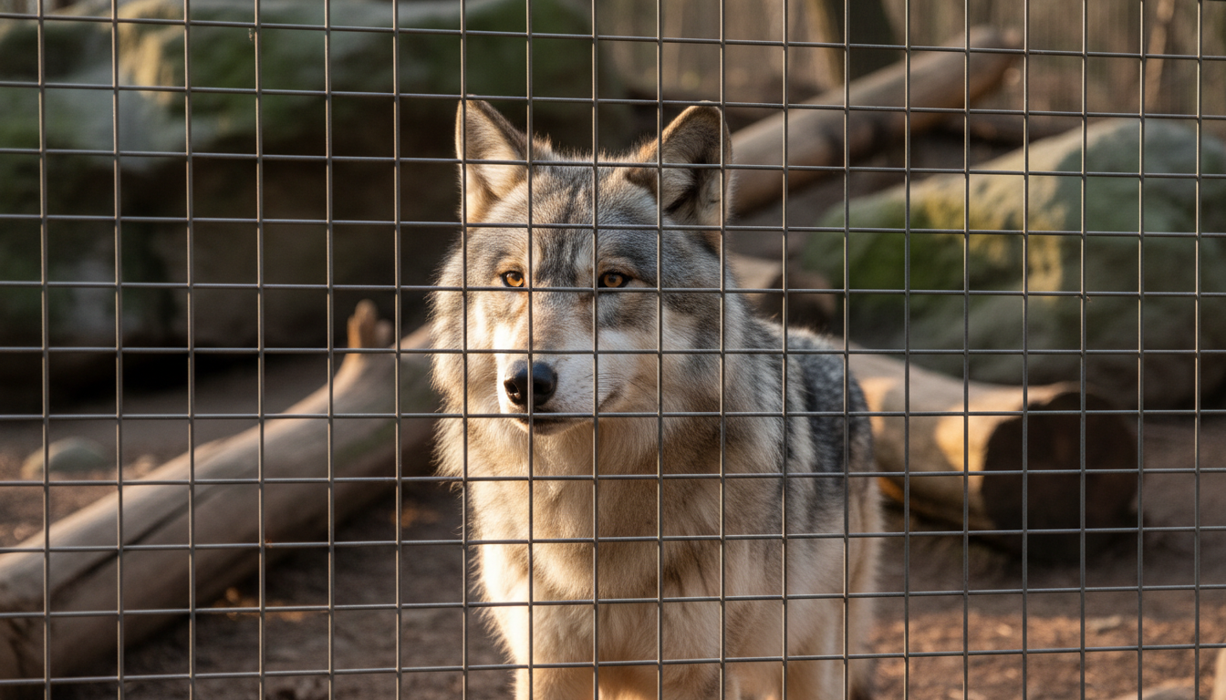 Loup gris derrière la clôture d'un enclos de zoo