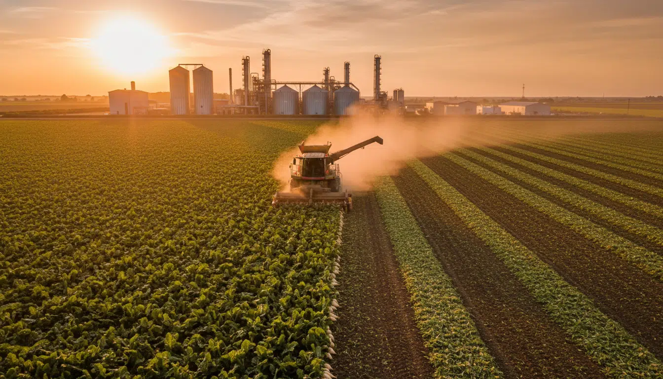 Champ de betteraves et usine de bioéthanol en France