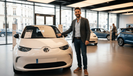 Père de famille découvrant le prix d'une voiture électrique en concession