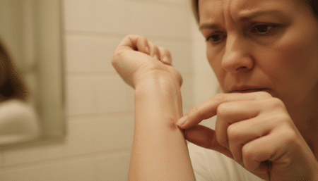 Personne examinant un bouton persistant sur son bras