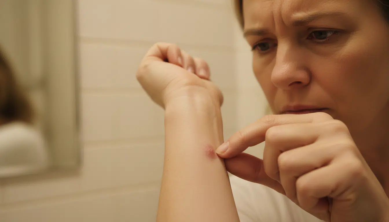 Personne examinant un bouton persistant sur son bras