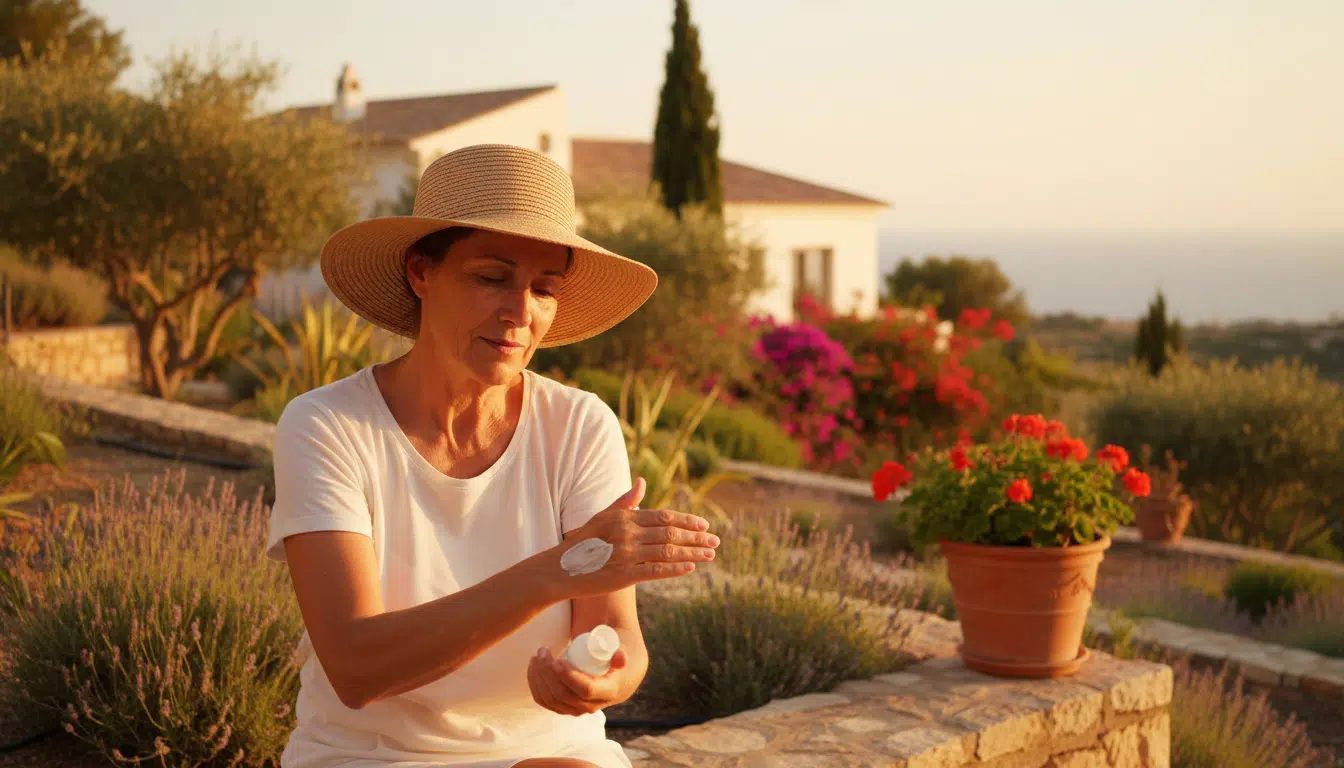 Femme de 55 ans appliquant de la crème solaire en extérieur