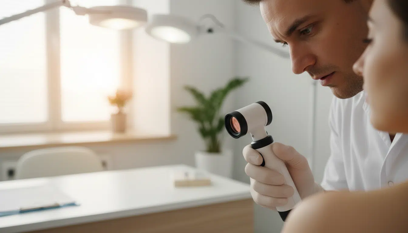 Dermatologue examinant une lésion cutanée au dermoscope