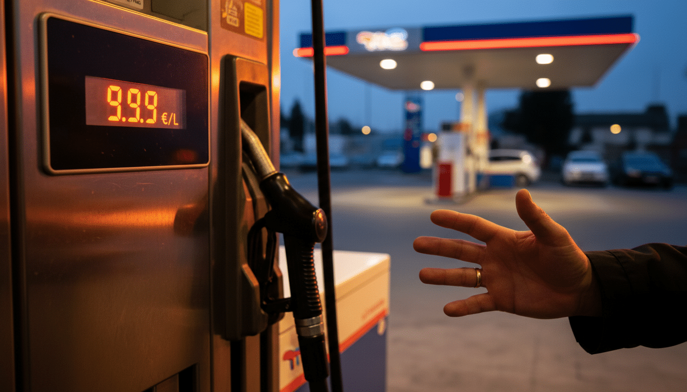 Écran de pompe à essence affichant 9,99 euros le litre
