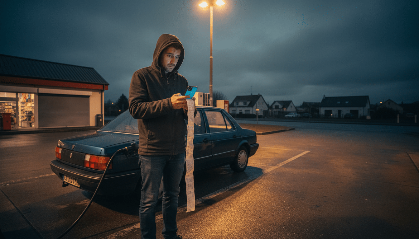 Automobiliste choqué vérifiant sa facture sur son téléphone en station