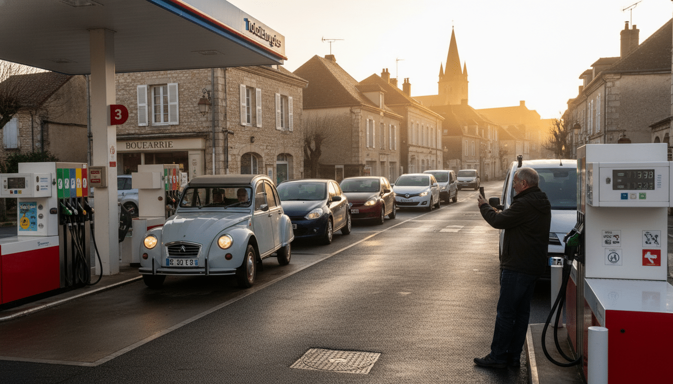 Station TotalEnergies avec file d'attente de voitures