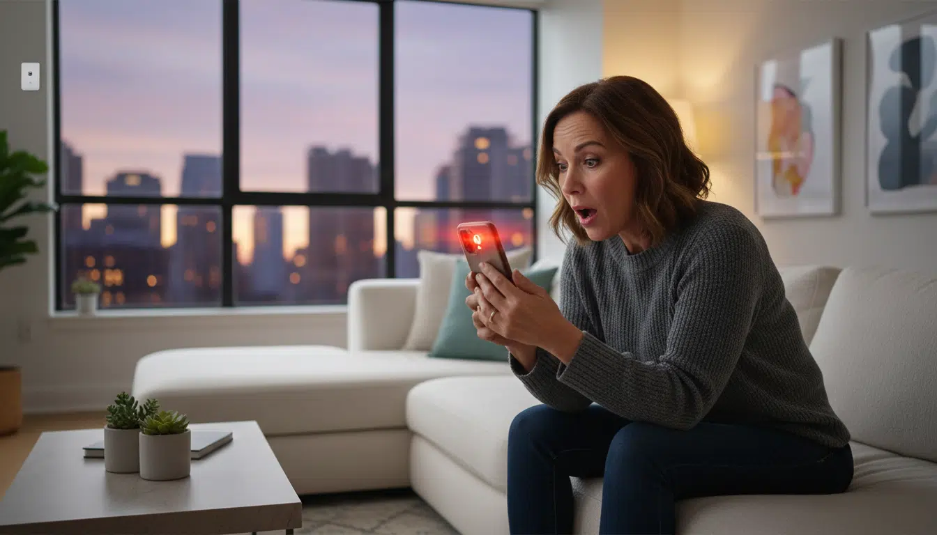 Femme recevant une notification du capteur PARASOLL sur son smartphone