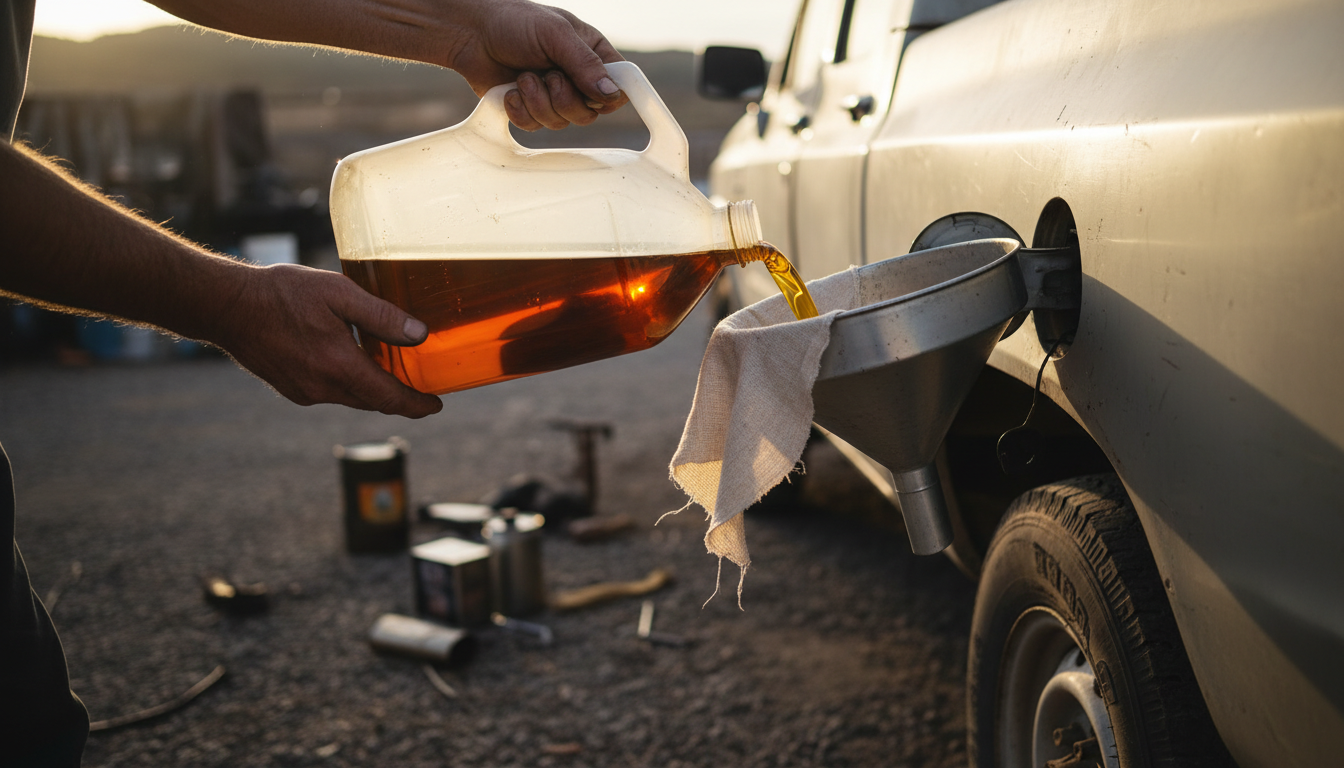 Filtrage artisanal d'huile de friture usagée pour un réservoir diesel