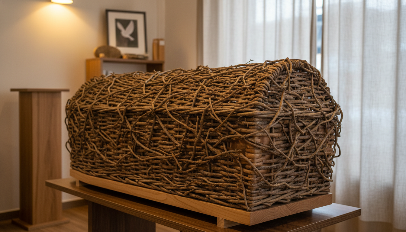 Cercueil en osier tressé naturel exposé dans une boutique de pompes funèbres, modèle bohemian biodégradable