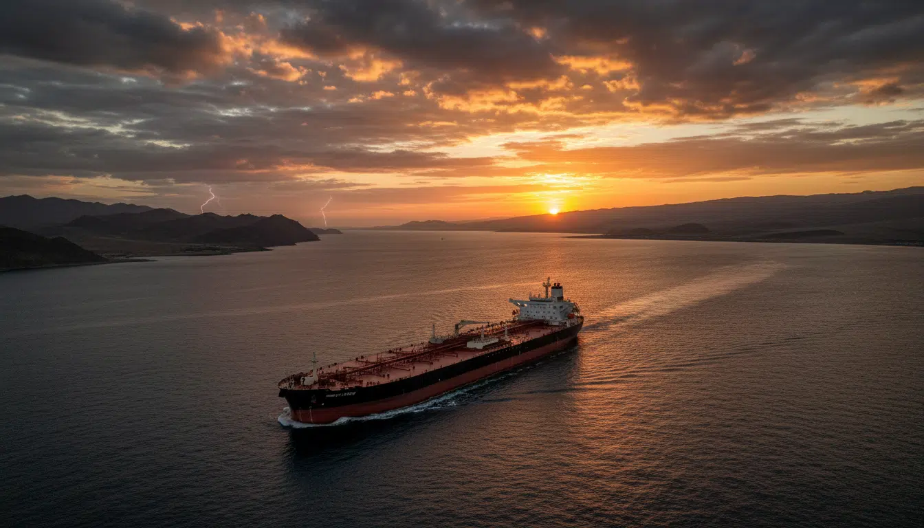 Pétrolier près du détroit d'Ormuz au coucher du soleil