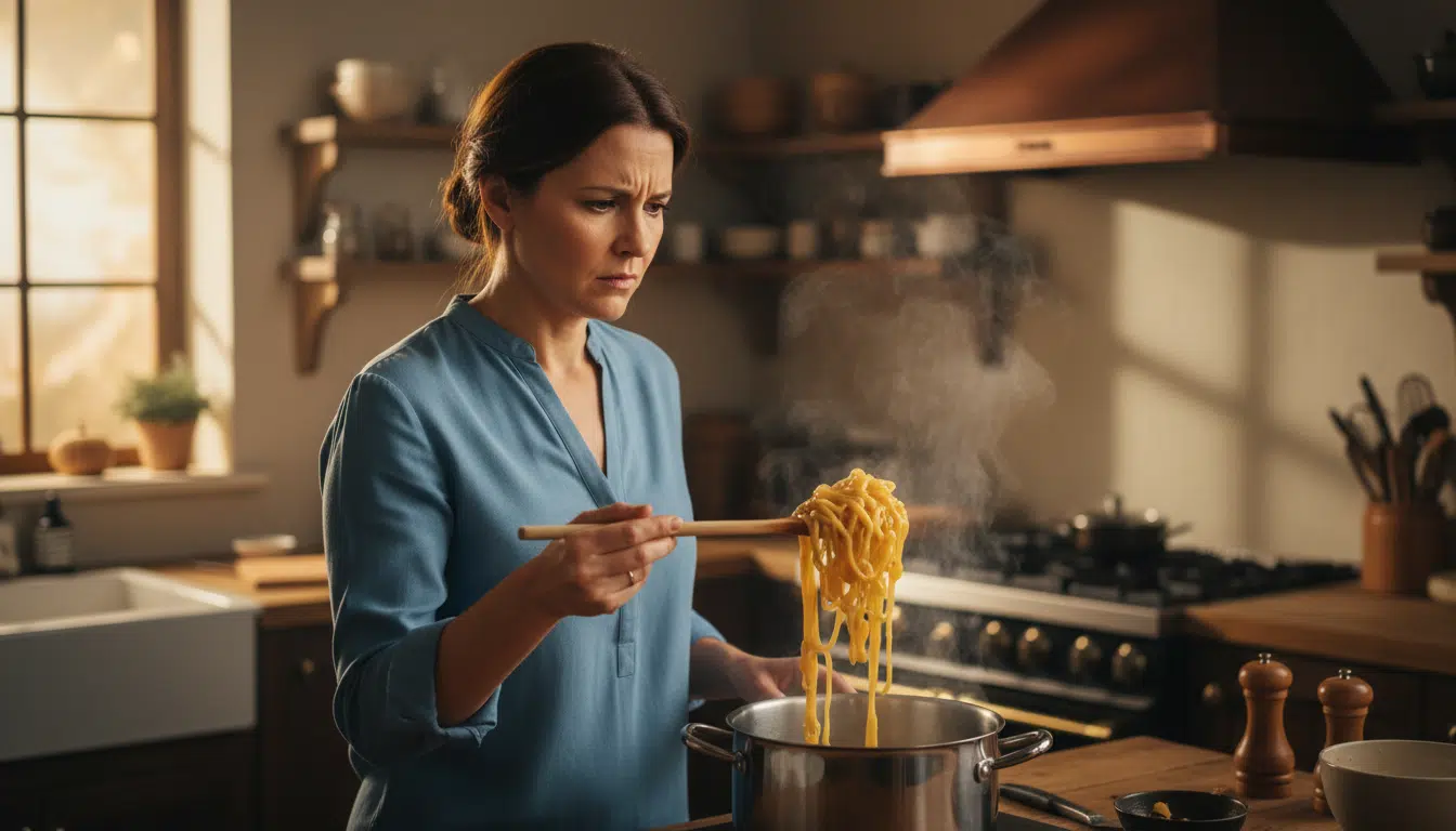 Personne dépitée devant des pâtes collantes dans une casserole