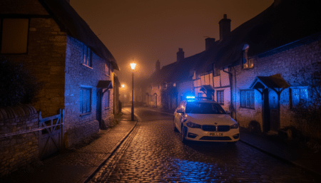 Véhicules de police devant une maison dans un village anglais de nuit