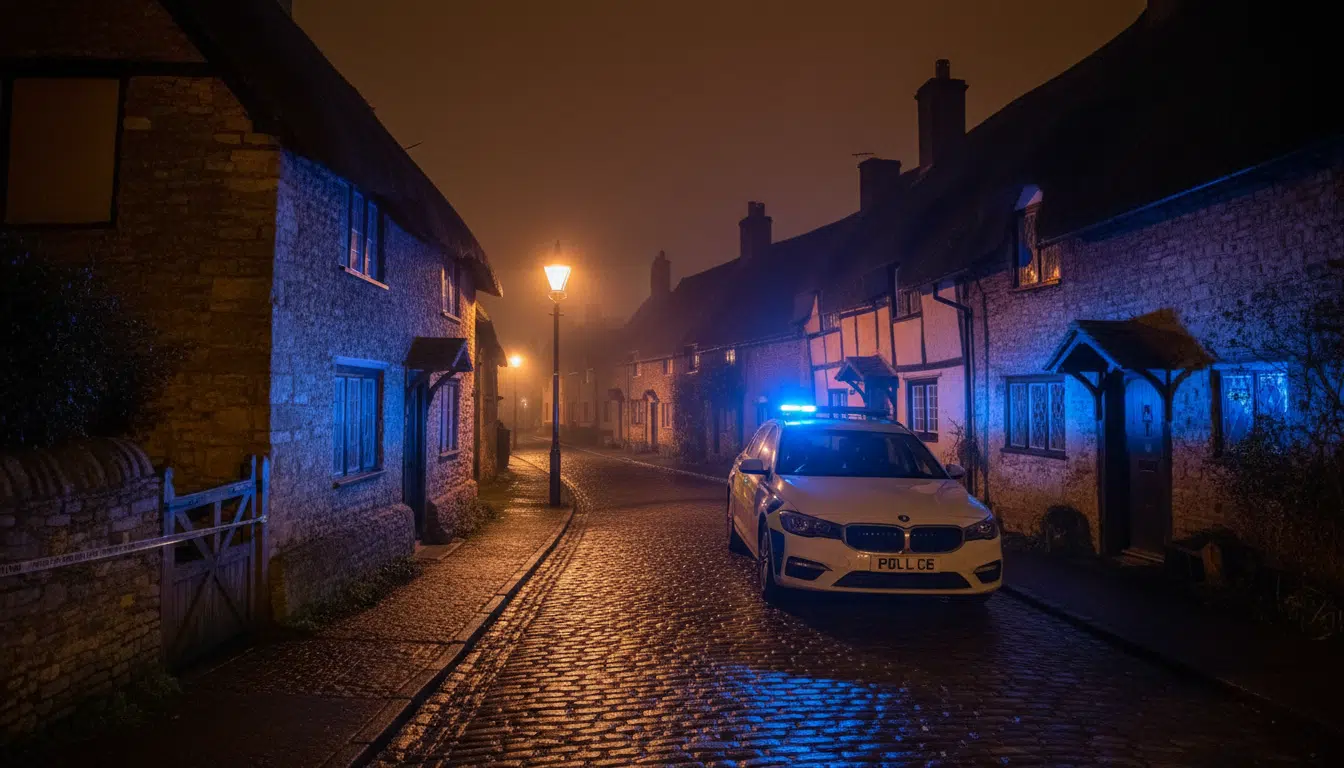 Véhicules de police devant une maison dans un village anglais de nuit